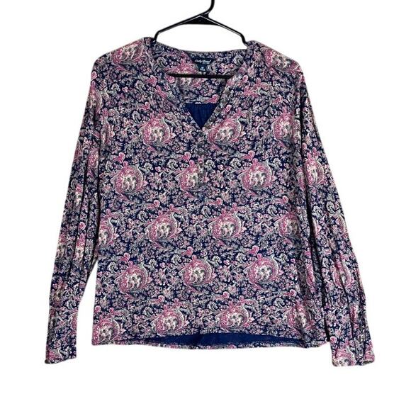 Lucky Brand Womens Blouse Pink Blue Paisley Long Sleeve V Neck Henley Boho M - Picture 1 of 12